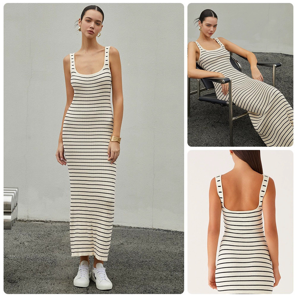 ZARA Sleeveless Striped Knit Textured Bodycon Tank Maxi Dress Slim Fit